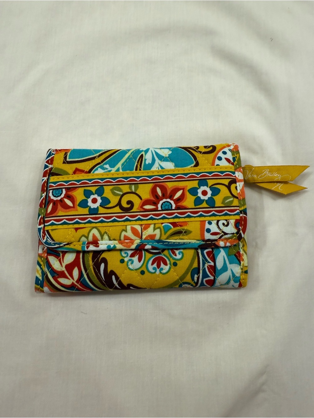 Vera Bradley Yellow Floral Quilted Tri-Fold Wallet with Turquoise Accents